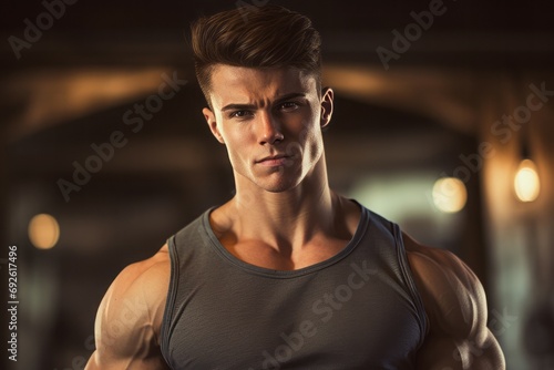 Handsome fitness instructor man. Muscular fit powerful male gym couch. Generate ai photo