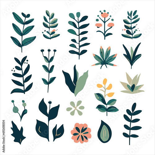 beautiful reimagined risograph set of plant symbols with botanical elements. isolated on a white background.  #692618054