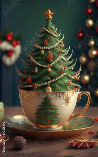 Tea cup with a christmas tree growing out of it