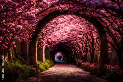 A close-up of pink blossoms in the enchanting tunnel, their vibrant colors and textures captured in exquisite detail.