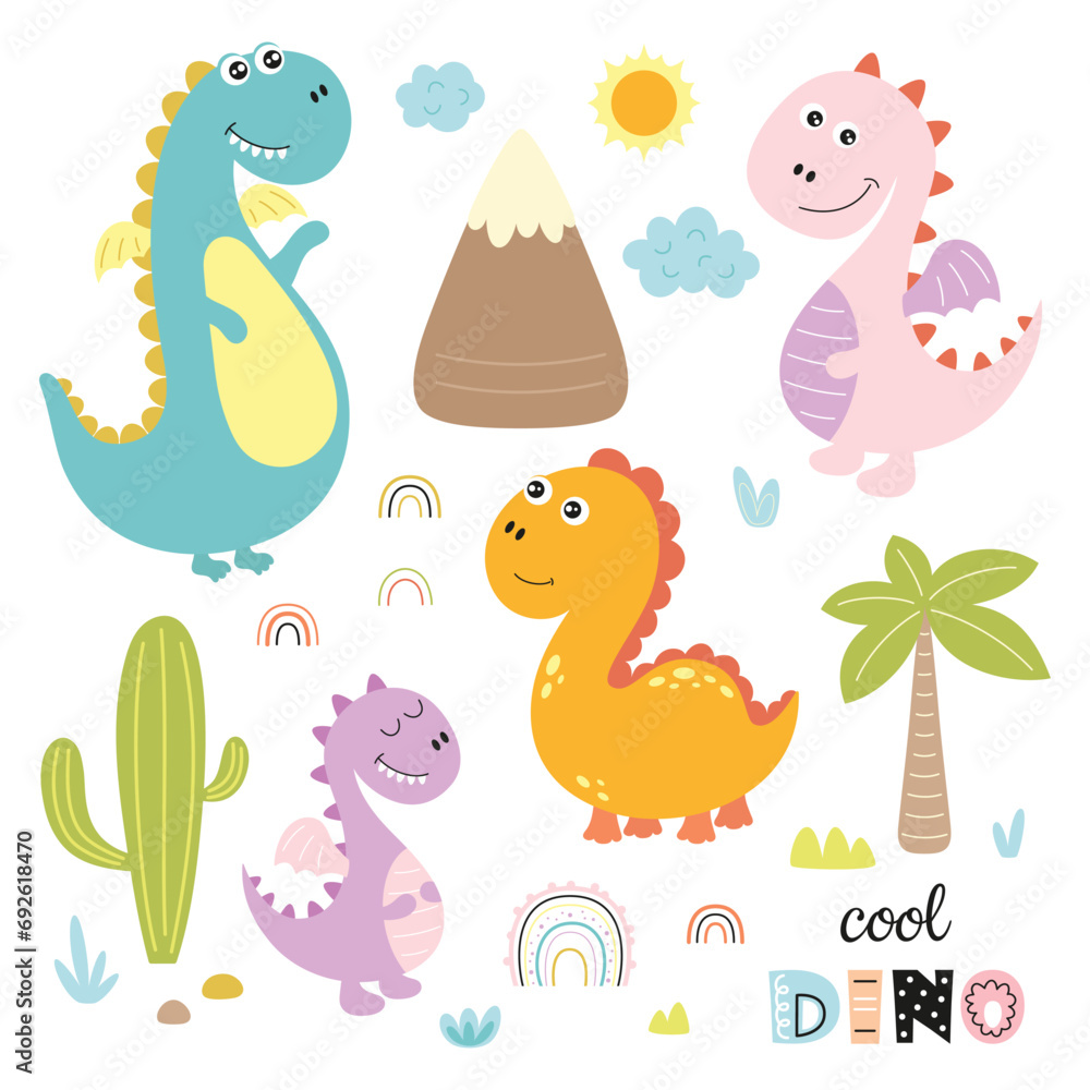 set of cute dinosaurs isolated on white background, funny vector illustration with cartoon animals, cactus, mountains, palm tree and rainbow set of cute dinosaurs isolated on white background, funny vector illustration with cartoon animals, cactus, mountains, palm tree and rainbow