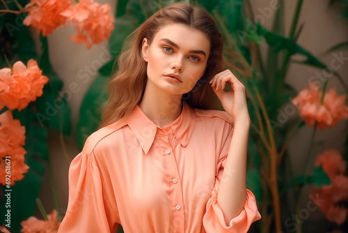 female topmodel with great gala outfit in the color peach fuzz