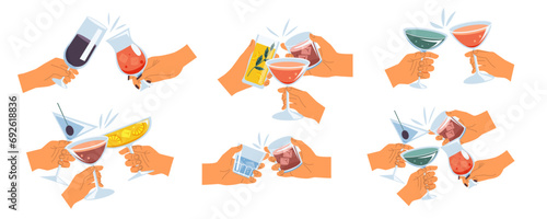 Hands toast with alcohol. Cartoon person drink wine champagne cocktail, celebrate party with friends, drink alcohol. Vector flat persons hands holding wine glass isolated set