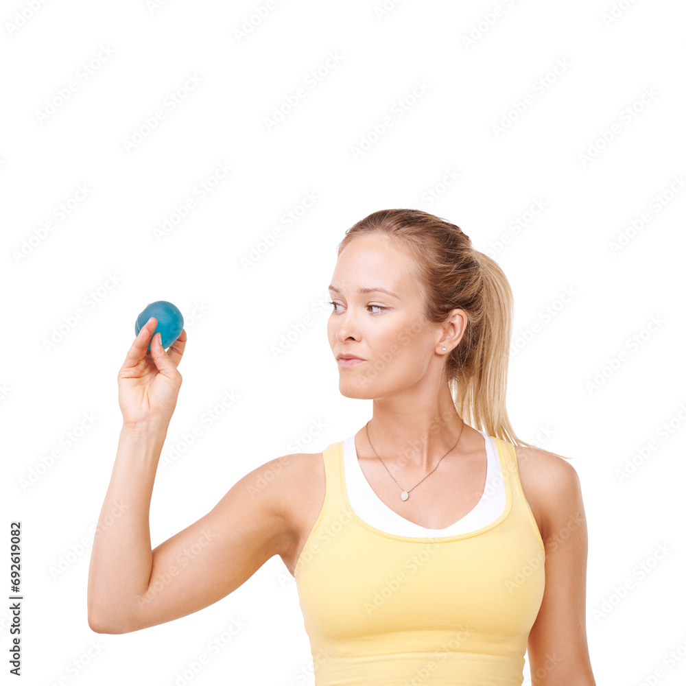 Serious woman, squeeze and stress ball in fitness for exercise against a white studio background. Female person in relief, tension or anger management in gym workout or training on mockup space Serious woman, squeeze and stress ball in fitness for exercise against a white studio background. Female person in relief, tension or anger management in gym workout or training on mockup space