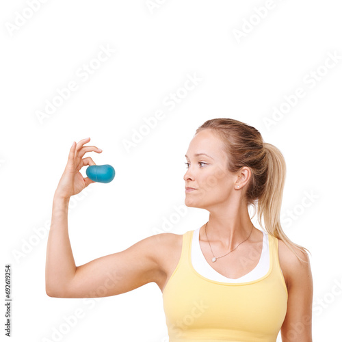 Serious woman, squeezing and stress ball in fitness for exercise against a white studio background. Female person in relief, tension or anger management in gym workout or training on mockup space