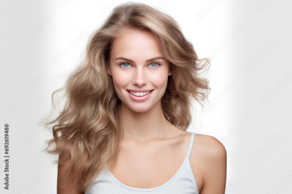 Radiant young woman with flowing hair and a bright smile, exuding natural beauty and confidence Radiant young woman with flowing hair and a bright smile, exuding natural beauty and confidence