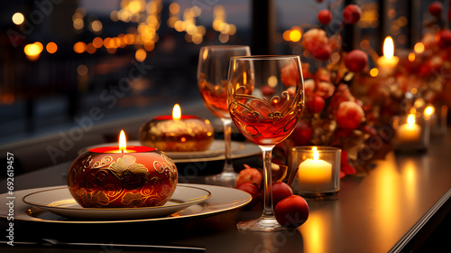 festive table with ornate red and gold candle holders  matching wine glasses  and a city lights backdrop  creating a warm  celebratory atmosphere