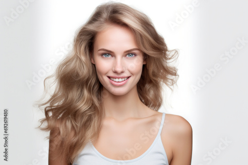 Radiant young woman with flowing hair and a bright smile, exuding natural beauty and confidence