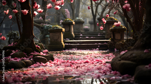 A solitary path is strewn with petals: Capture the essence of a lone traveler surrounded by a trail of scattered rose petals, symbolizing the journey towards love on Valentine's Da