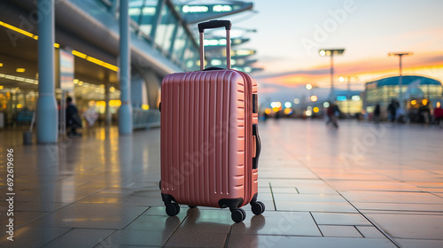Pink suitcase on the railway station or airport. Concept of summer holidays or trip