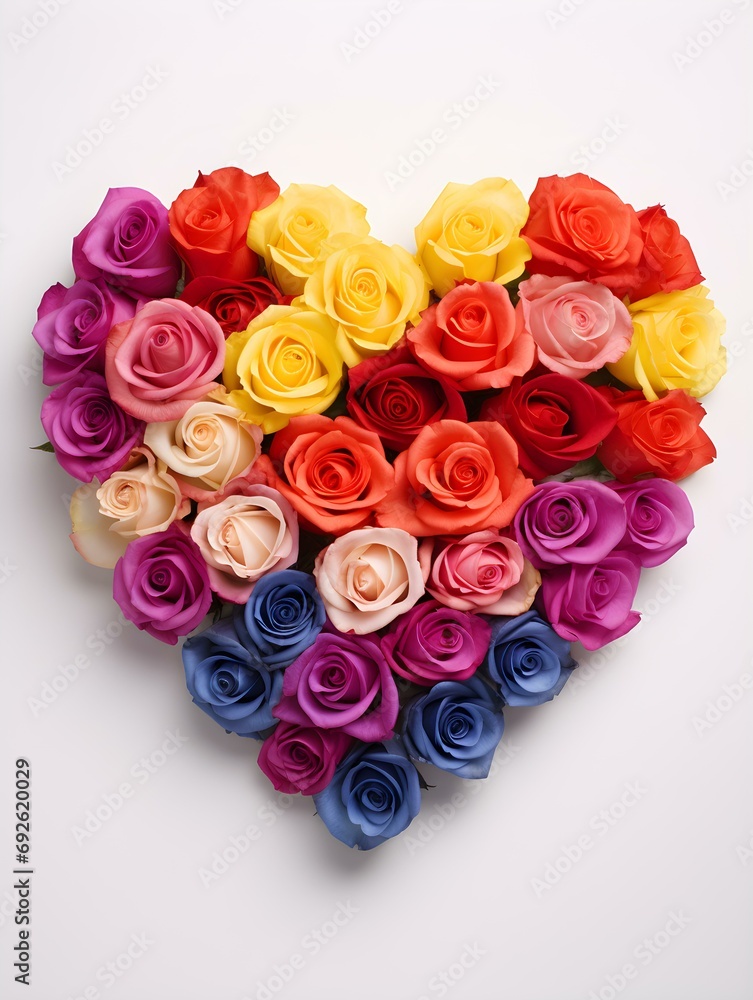 Bouquet of multicolor Roses shaping a Heart on a white Background. Romantic Template with Copy Space Bouquet of multicolor Roses shaping a Heart on a white Background. Romantic Template with Copy Space