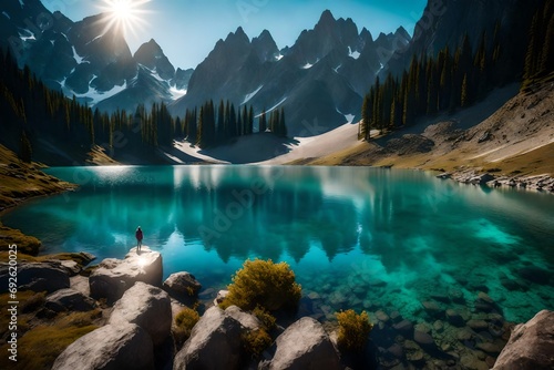 Crisp, clear waters of a high-altitude lake, embraced by towering peaks photo