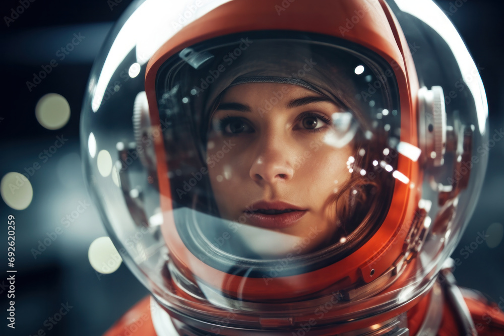 Focused female astronaut in helmet, evoking the spirit of space exploration and discovery