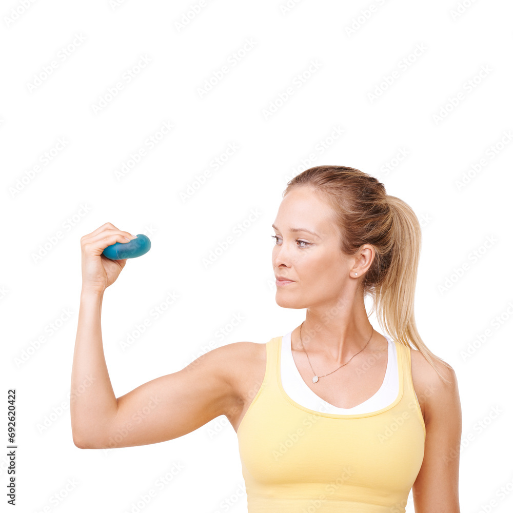 Confident woman, squeeze and stress ball in fitness for exercise against a white studio background. Female person in relief, tension or anger management in gym workout or training on mockup space Confident woman, squeeze and stress ball in fitness for exercise against a white studio background. Female person in relief, tension or anger management in gym workout or training on mockup space