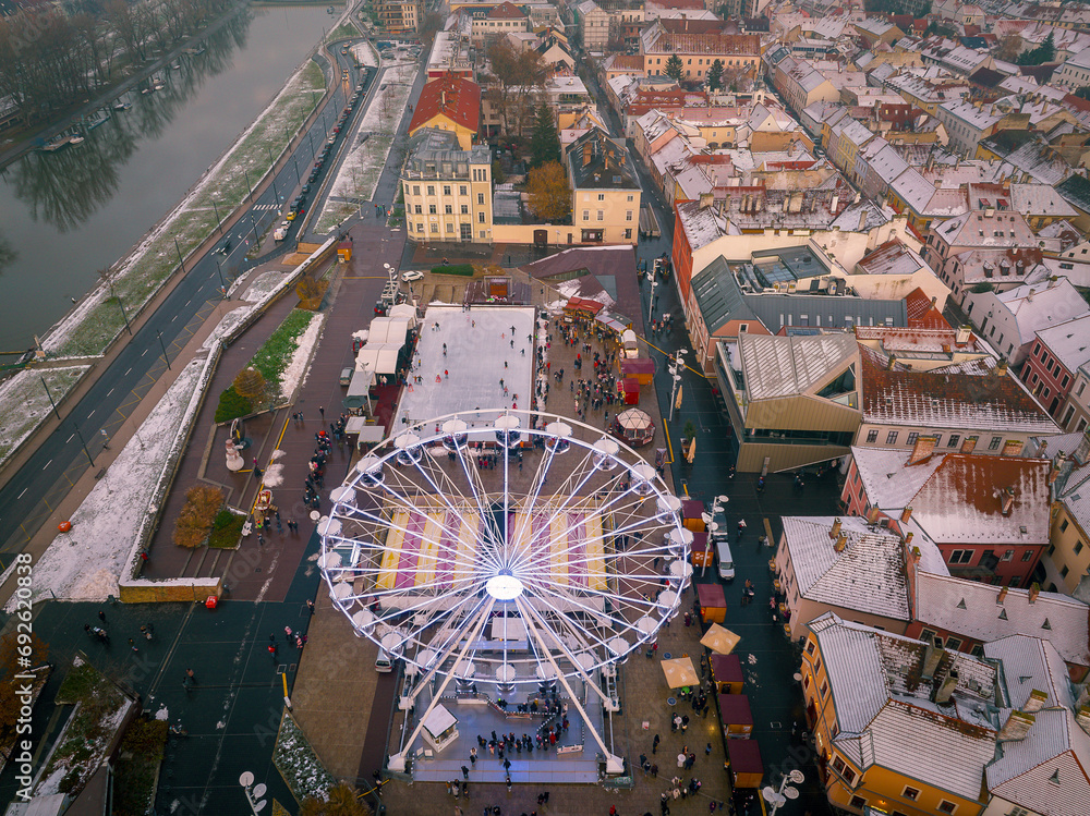 Hungary, Gyor city, Amazing christmas market in West Hungary. The Gyor city's advent market is famous in Austria and Slovakia too. Beautiful light painting is on the Walls, ice rink, ferris wheel