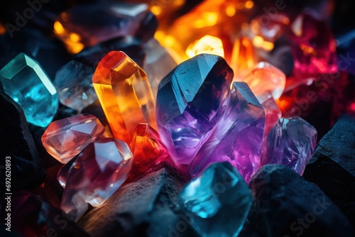 close-up view of a beautiful multicolored semi-transparent magic crystals 