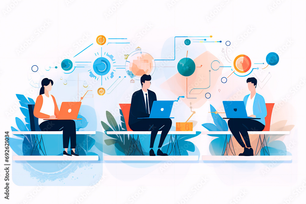 Flat 2D vector design for a diverse and inclusive business website: Innovative businessmen monitor systems with laptops and phones, accompanied by a floating positive metric line. Flat 2D vector design for a diverse and inclusive business website: Innovative businessmen monitor systems with laptops and phones, accompanied by a floating positive metric line.