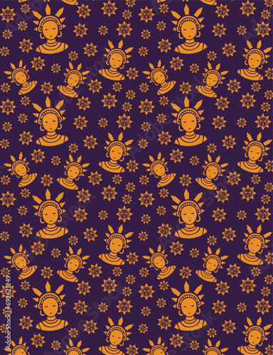 Mystical exoteric sun and African goddess pattern, texture background, print