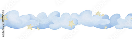Cloud Border Watercolor illustration. Seamless pattern of a sky with stars for Baby. Hand drawn frame template on isolated background. For design lullaby and nursery wall art stickers and wallpaper.