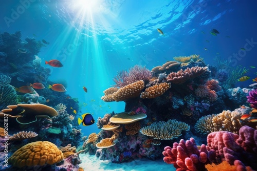 Captivating underwater scene with vibrant coral reefs and diverse marine life, oceanic biodiversity
