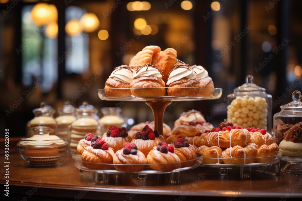 Classic French patisserie display with an assortment of delicate pastries, tarts, and eclairs, an inviting and elegant scene for dessert lovers