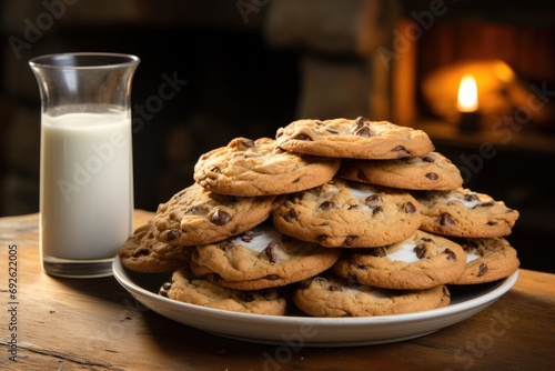 Classic and timeless chocolate chip cookies arranged in a rustic setting  a nostalgic and comforting baked good
