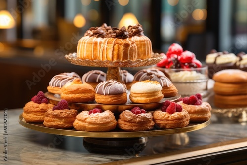 Classic French patisserie display with an assortment of delicate pastries, tarts, and eclairs, an inviting and elegant scene for dessert lovers