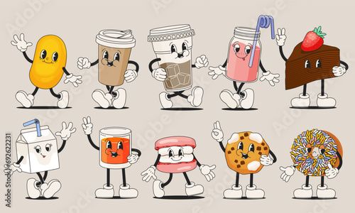 Retro cartoon food and drink. Funny groovy characters of drinks, colorful 80s style alcohol beverage icons. Vector set
