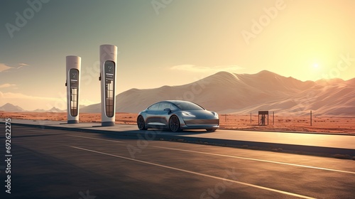 Charging station for electric cars on a deserted highway photo