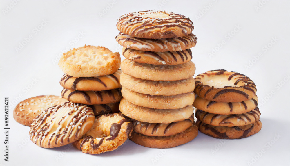 Stack of cookies with chocolate on white background