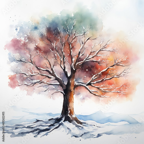 watercolor tree, season, winter. artificial intelligence generator, AI, neural network image. background for the design.