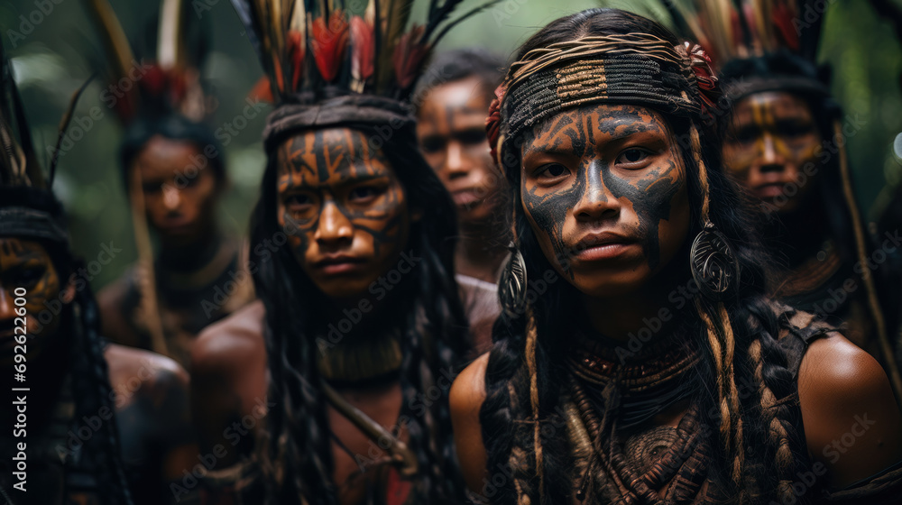 Portrait of an indigenous community engaged showcasing their connection with the environment. - obrazy, fototapety, plakaty 