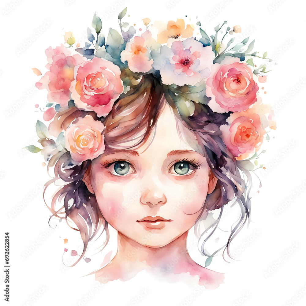 a beautiful watercolor face of a girl with flowers in her hair. artificial intelligence generator, AI, neural network image. background for the design.