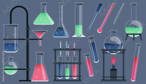 Chemistry tools. Cartoon chemical laboratory equipment, scientific research equipment, pharmaceutics and biology lab equipment. Vector isolated set