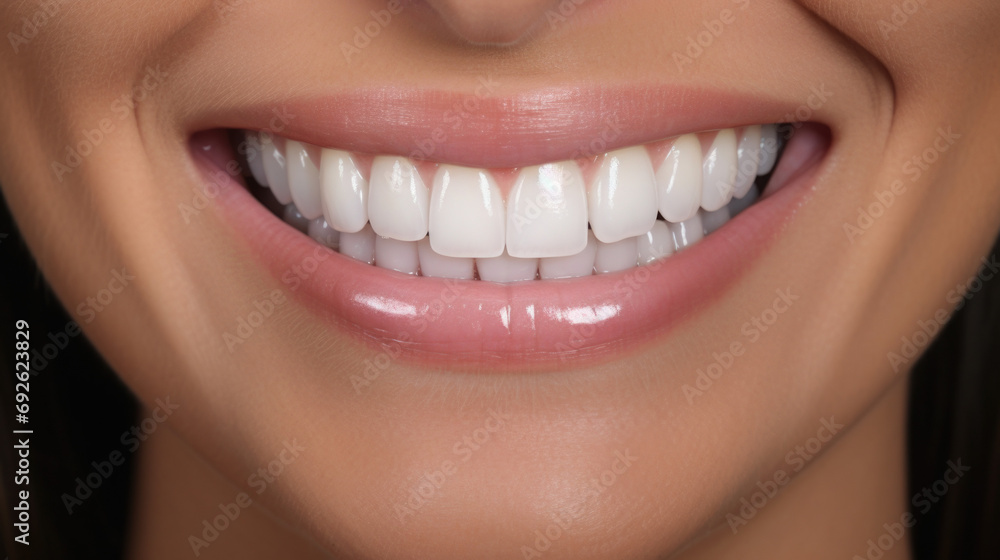 Obraz premium Smile of a woman with perfect white teeth and natural lipstick. Close up. Portrait.