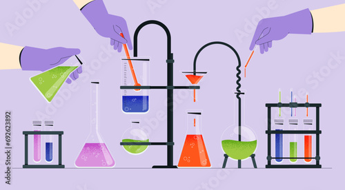 Chemical laboratory equipment. Chemist tools and reagents, chemical research and biological experimentation process. Vector flat set