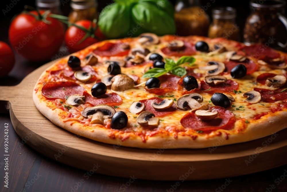 Mouthwatering Pepperoni Pizza Topped With Mushrooms And Olives