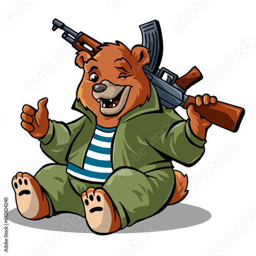 brown cheerful bear in overalls with machine gun shows thumbs up, vector, logo, cartoon, mascot, character, illustration