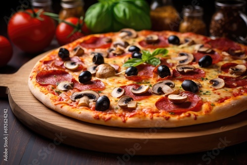Mouthwatering Pepperoni Pizza Topped With Mushrooms And Olives