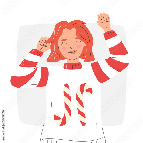Joyful christmas female character. Young girl having fun in ugly sweater with couple of candy canes. Cute personage portarit concept design. Red haired happy woman hand drawn flat vector illustration