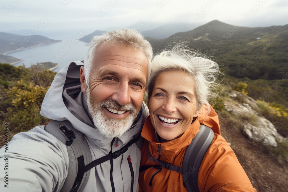 Capturing Precious Moments: Elderly Couple's Morning Hike Selfie