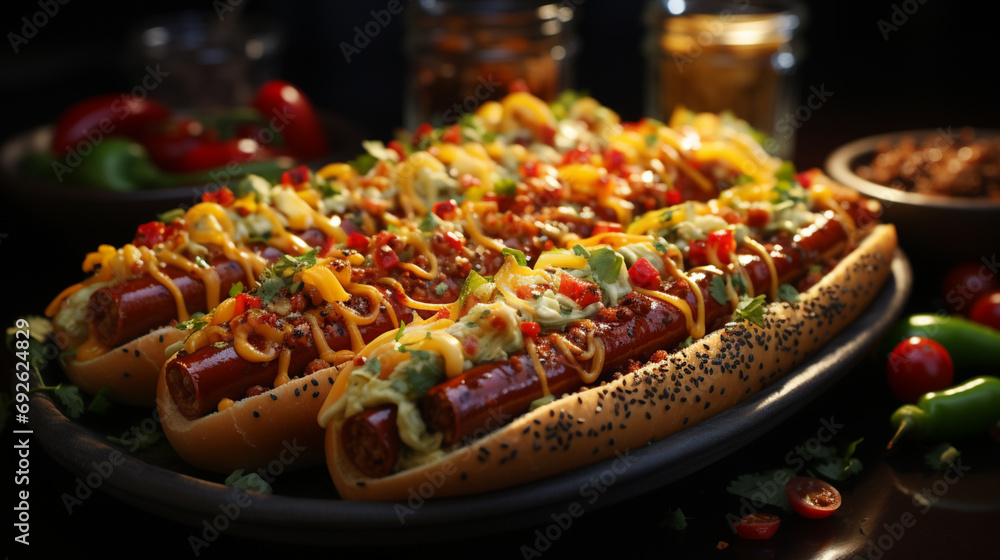 Hot Dog With Yellow Mustard, Onion, Pickles and French Fries. Generative AI - obrazy, fototapety, plakaty 