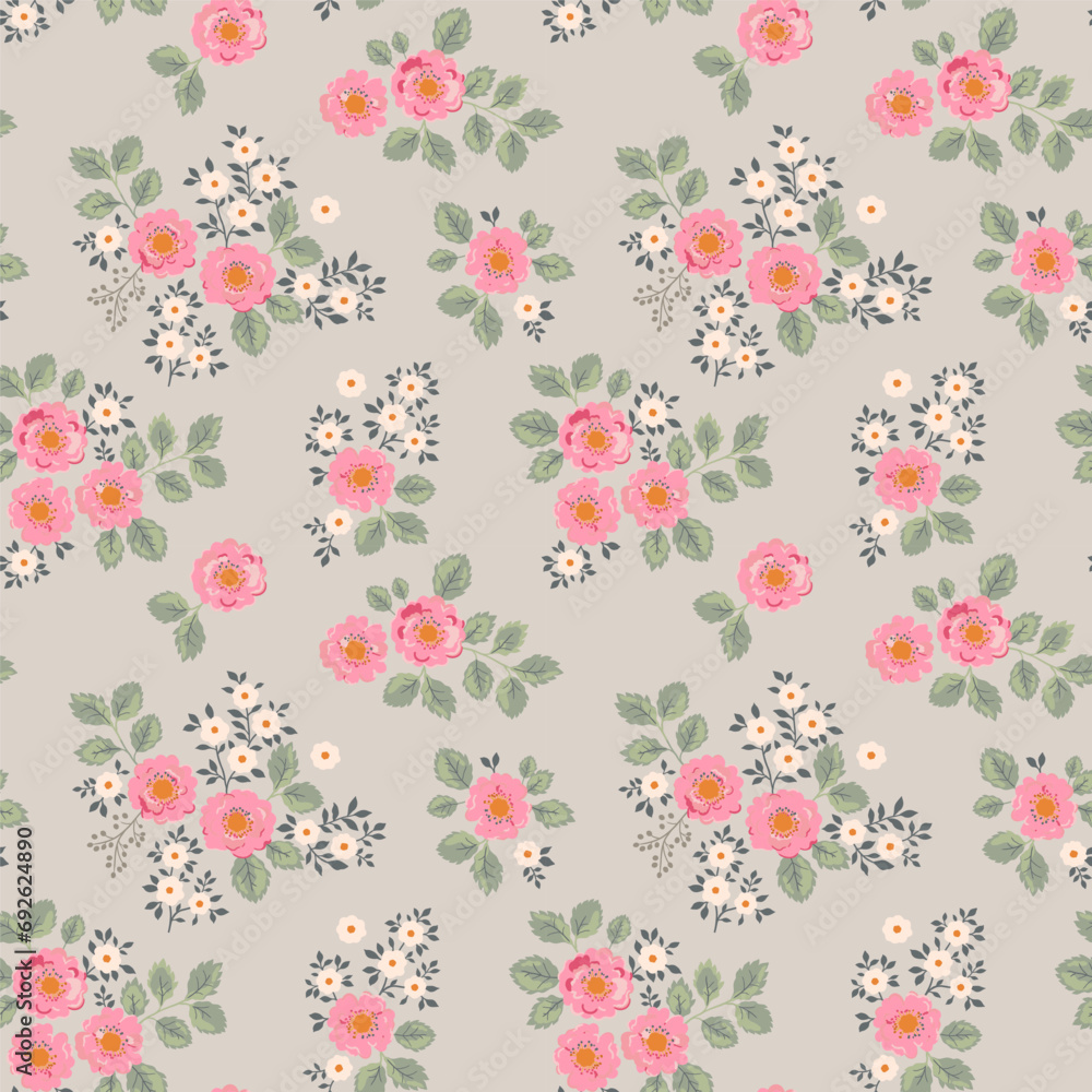 Seamless vector pattern with bouquets of bright flowers in vintage style on a background in bright colors. Pale pink roses, blue flowers and beige leaves.