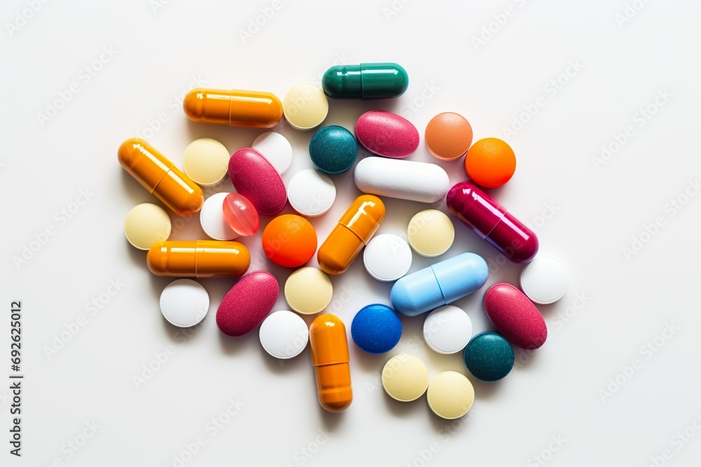 Close up of colorful pills, tablets and capsules on white background