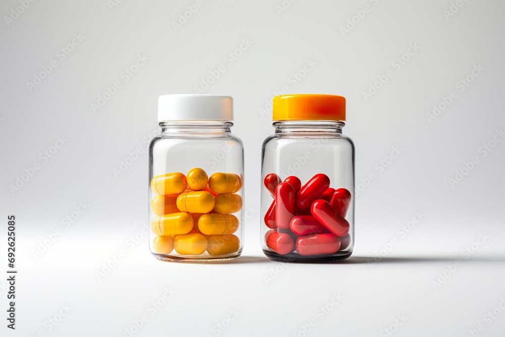 Yellow and red pills in glass bottles Yellow and red pills in glass bottles