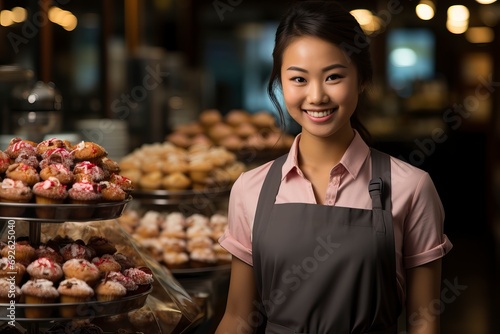 Bakery worker greeting customers at store