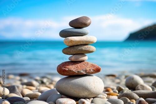 Serenity Captured: Detailed View Of Stacked Stones On A Seashore