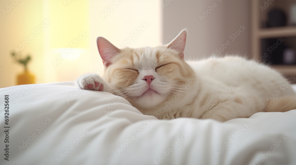 Cute little white kitten sleeps on fur white blanket. Generative AI