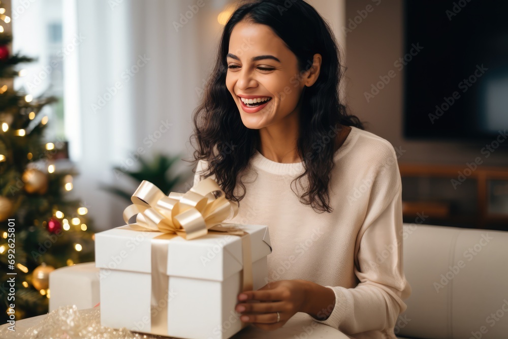 Stylish Woman Excitedly Unwrapping A Gift Box Stylish Woman Excitedly Unwrapping A Gift Box