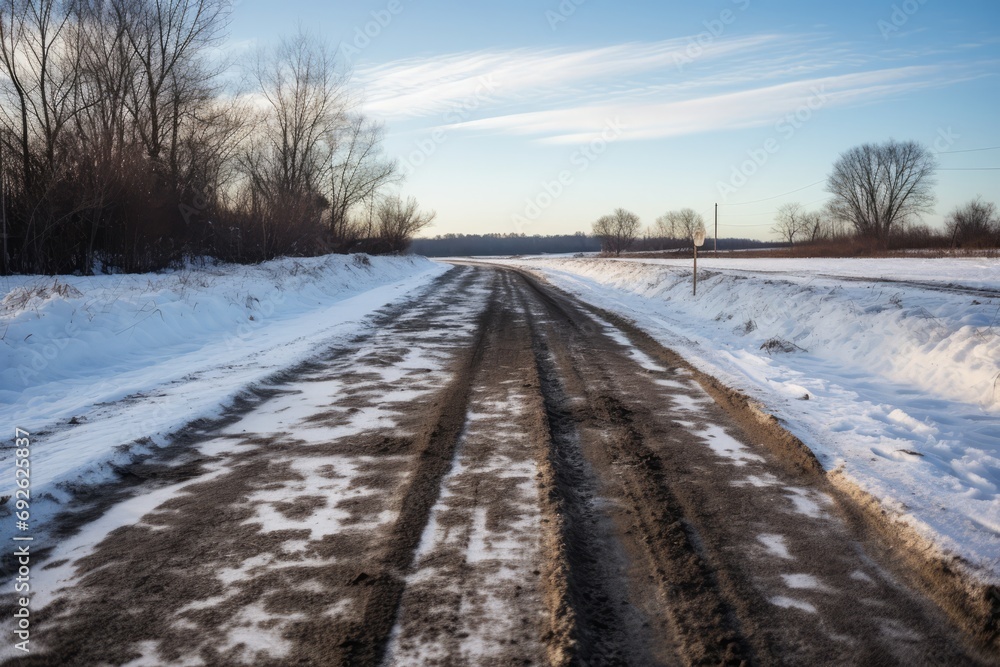 Obraz premium Tracks Of Mud Stain A Snowy Rural Road
